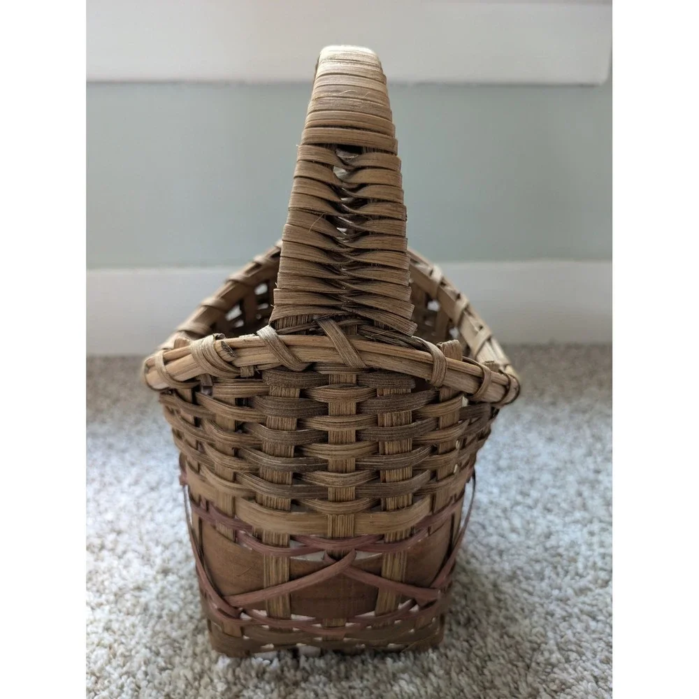 Woven Splint Wood Basket Small Brown Red Good Rustic Farmhouse Cottagecore